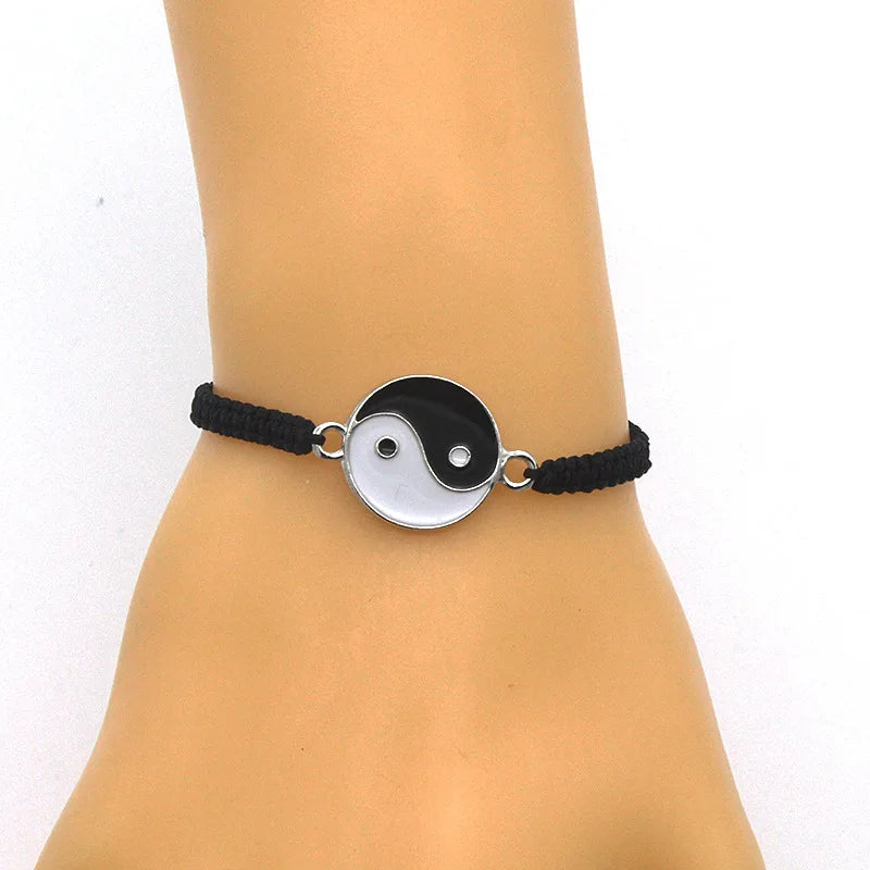 Pulseras de pareja, anillos, Yin Yang, Tai Chi, colgante de aleación, cadena trenzada ajustable, collar, pulsera a juego para amantes, collar y pendientes.