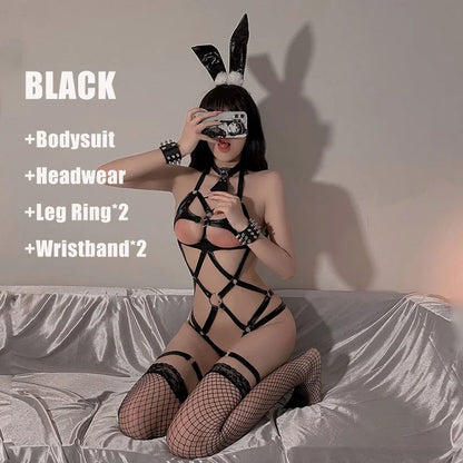 Bdsm PU Leder Bondage Aushöhlen Bodysuit mit Stirnband Erotische Sexy Dessous Frauen Bunny Girl Cosplay Kostüme Uniform